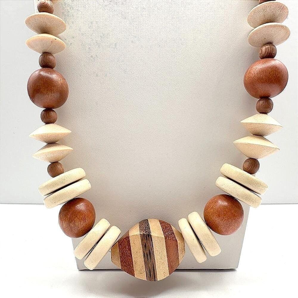 Vintage 90s Wooden Statement Necklace Multi-Shape Brown Cream Beads Retro Boho
